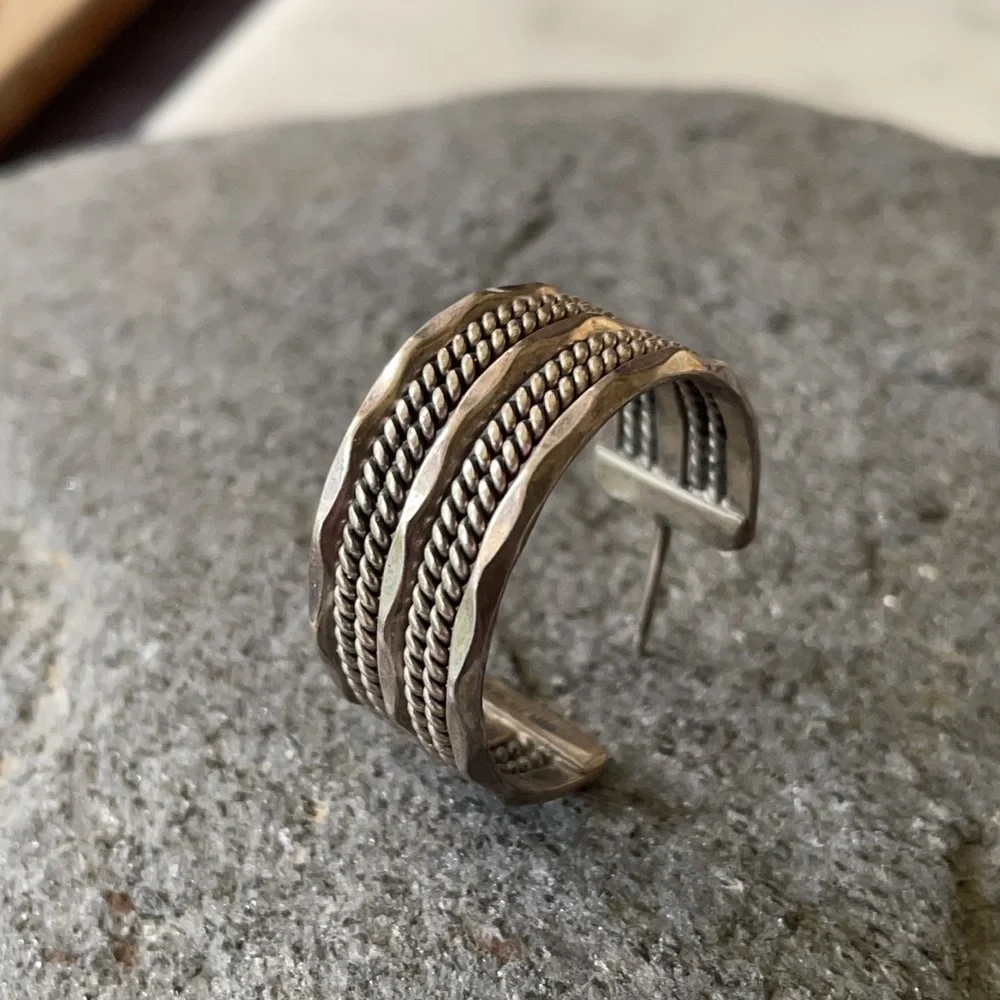 Native American Three Solo Sterling Cuff and Hoops Earrings